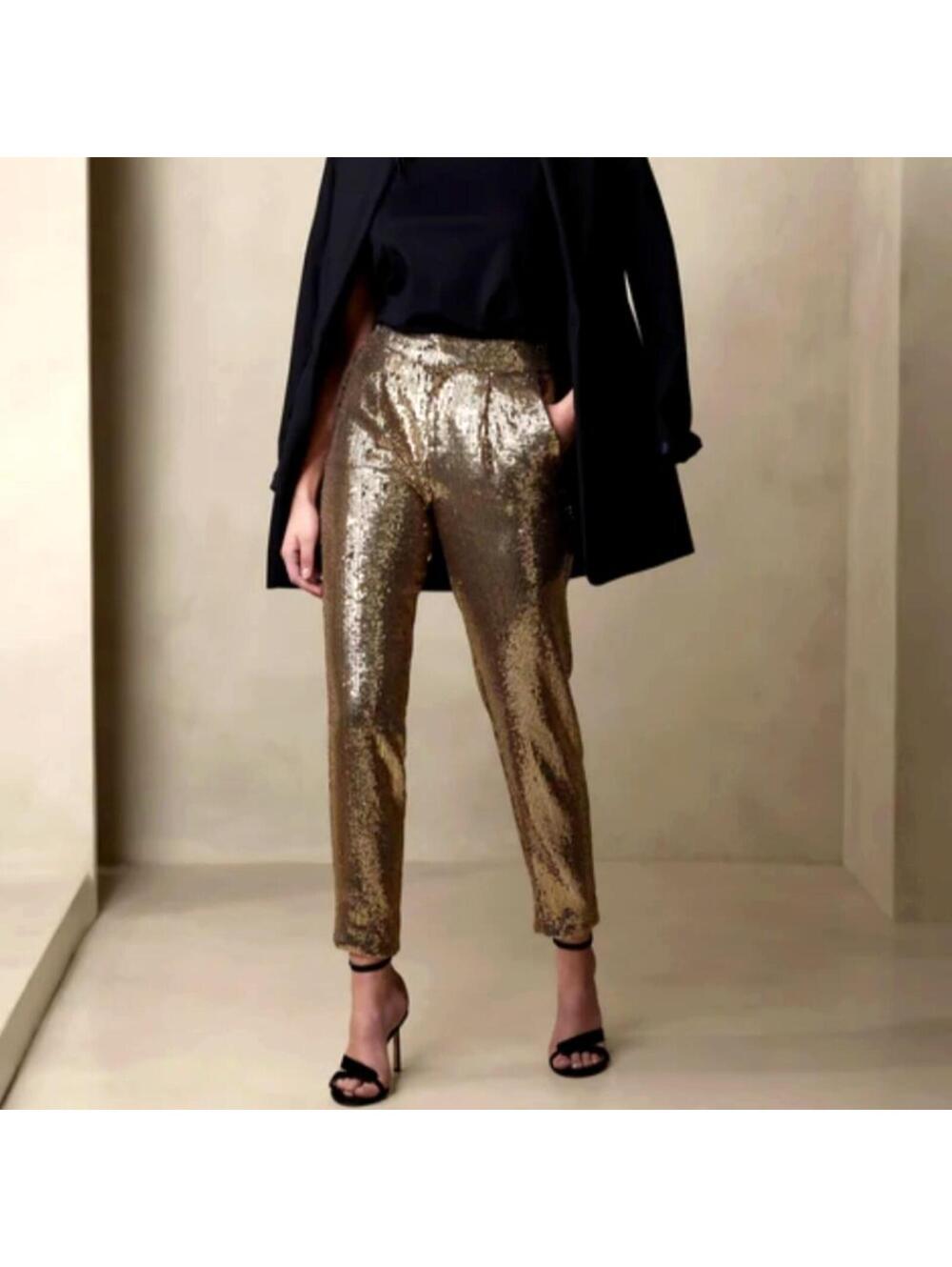 Banana Republic Gold Ulla Sequin Pants Tapered Party Disco Trouser 4 Short
